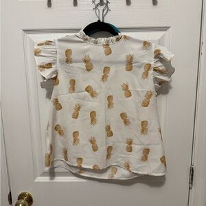White and Gold Blouse with Ruffle Sleeves
